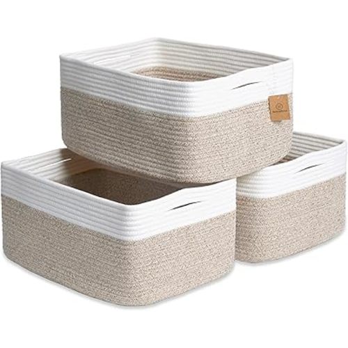 NaturalCozy Storage Baskets 16.8”x13”x7.6” Cotton Rope Woven Baskets for Organizing 3-Pack | Toy Storage Bins | Basket for Shelves, Laundry, Blanket, Clothes, Closet, Kitchen, Bathroom, Gifts