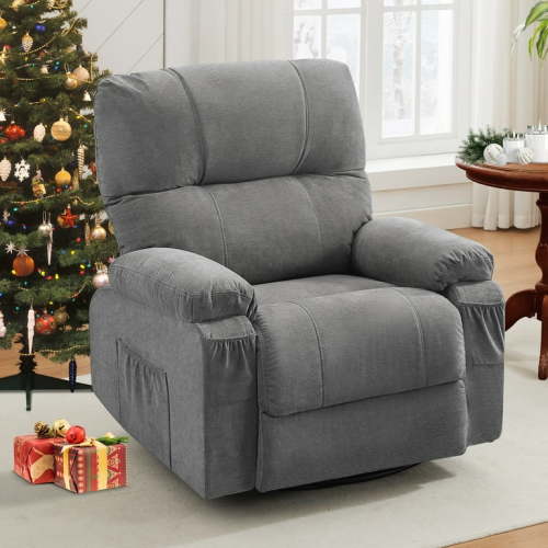 SYNAGR Swivel Recliner Chair for Adults, Oversized Recliner with 2 Side Pockets and 2 Front Pockets, Living Room Single Sofa Home Theater, Comfortable Backrest and Armrests, Light Brown