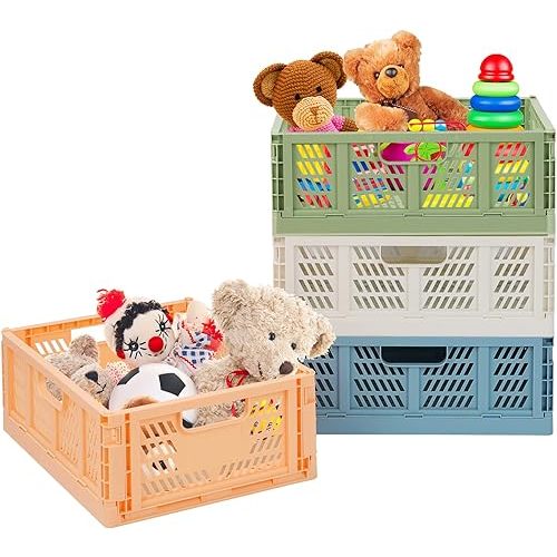 Plastic Drawer Organizer 4-Pack Collapsible Storage Boxes Crate Stackable Folding Basket Closet Containers Toy Organiser for Home Office Bedroom Kitchen Pull Out Under Bed- Colorful