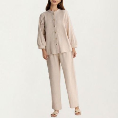 Anna-Kaci Lounge Women's 2-Piece Set Textured Button-Front Long Sleeve Top and Relaxed Fit Pants - Medium, Light Beige