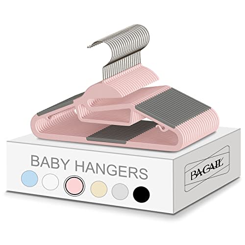 BAGAIL 12.6” Kids Plastic Hangers S-Slide 50 Pack Non-Slip Hangers 360° Swivel Hook Protect Collar Space Saving for Children Infant/Toddler Pants Coat-Pink