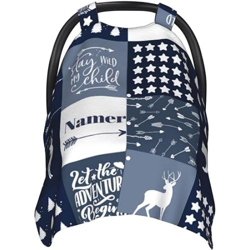 Personalized Deer and Bear Blue Baby Car Seat Canopy for Babies with Name, Custom Baby Car Seat Covers for Boys, Opening Minky Nursing Breastfeeding Cover Infant Carseat Canopies for Newborn