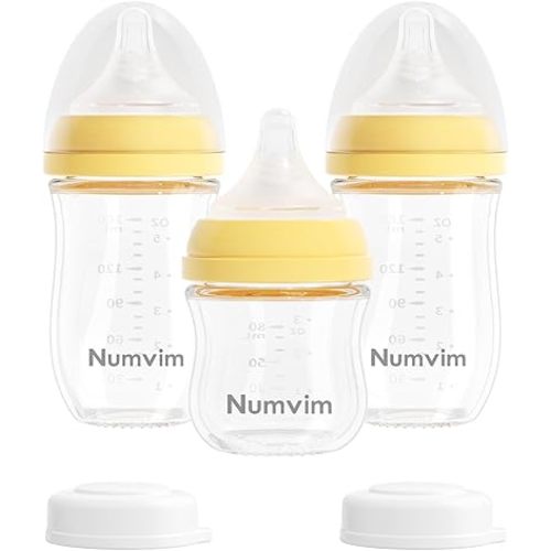 Glass Nurturing Baby Bottles Gentle & Extra Slow Flow, Newborn Breastfeeding Bottle with Anti Colic Nipple for 0 Months Babies, 3 Packs, (Yellow, 3oz+5oz)