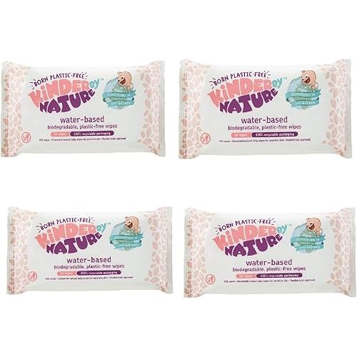 Kinder by Nature Water-Based Baby Wipes - 100% Biodegradable & Compostable, 224 Count (4 Packs of 56) - 99% Water, Plastic-Free Wipes