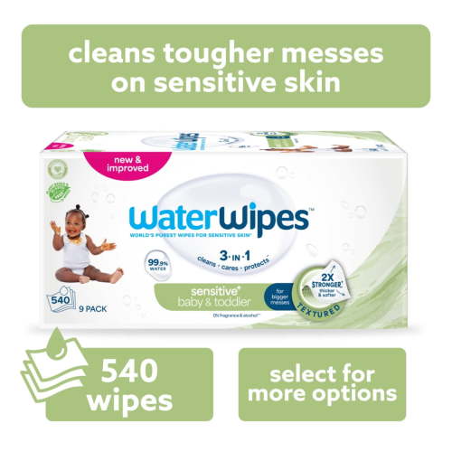 WaterWipes Sensitive+ Baby & Toddler Wipes, 3-In-1 Cleans, Cares, Protects, 99.9% Water, Textured Clean, Unscented & Hypoallergenic, 9 Packs (540 Wipes)