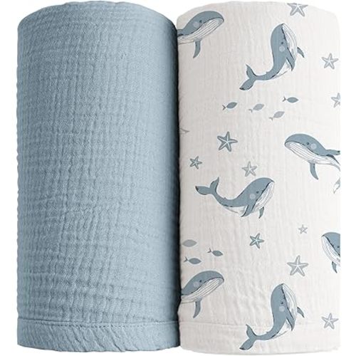 Konssy 2 Pack Muslin Swaddle Blankets, 100% Cotton Receiving Blanket Large 47 x 47 inches for Baby Boys Girls, Soft Breathable Muslin Baby Blanket for Newborn (Blue Whale,Blue)