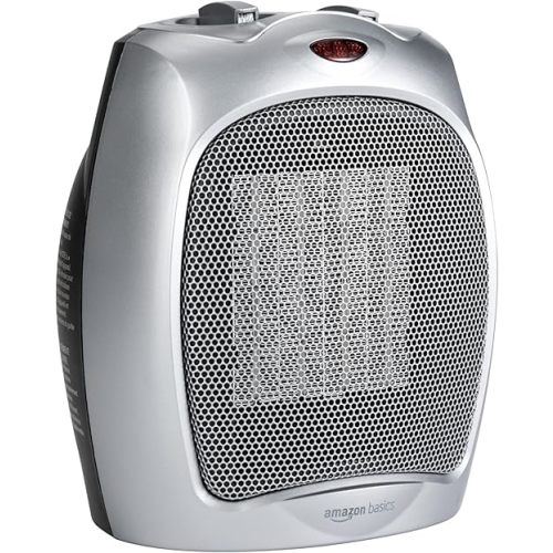 Amazon Basics Ceramic Space Heater, Portable Indoor Heating Solution, With Overheat and Tip-Over Protection, Thermostat, Non-Oscillating, 1500W, 7.52"D x 6.34"W x 9.45"H, Silver