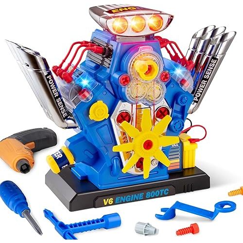 STEM New V6 Engine Model Building Kit,60-Piece Take Apart Toy with Realistic Lights & Sounds, Electric Drill & Tools - Mechanic Repair Playset for Kids Ages 3-5