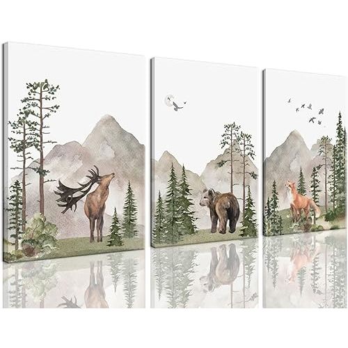 YOYIAXT Woodland Nursery Decor,Wild Animals Canvas Wall Art, Fox Bear Deer Paintings, Forest Pictures Wall Decor, Watercolor Poster Artwork Set Of 3, for Boys Girls Baby Room Home Framed 12x16in
