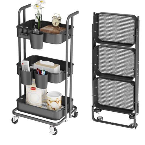 DTK 3 Tier Foldable Rolling Cart, Metal Utility Cart with Lockable Wheels, Folding Storage Trolley for Living Room, Kitchen, Bathroom, Bedroom and Office, black