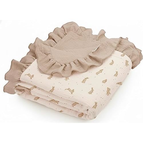 meowcards Muslin Swaddle Ruffled Blankets for Baby, Unisex Baby Boys Girls Essentials, Large 52 x 52 inches, Boho Receiving Blankets Newborn Registry Must Haves (Hoppy Dreams-Ruffled, Printed)