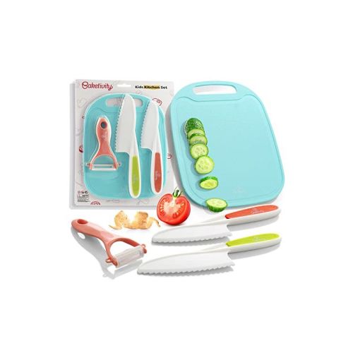 Baketivity Kid Safe Plastic Knives For Real Cooking With Cutting Board, Peeler For Kitchen - Knife Set With Blunt Tip, Dishwasher Safe, BPA Free