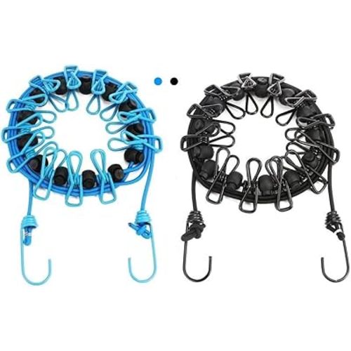 2 Pack Portable Clothesline with 12 Clothespins, Windproof Travel Stretchy Retractable Elastic Laundry Clothes Line for Backyard, Vacation Hotel, Balcony Drying