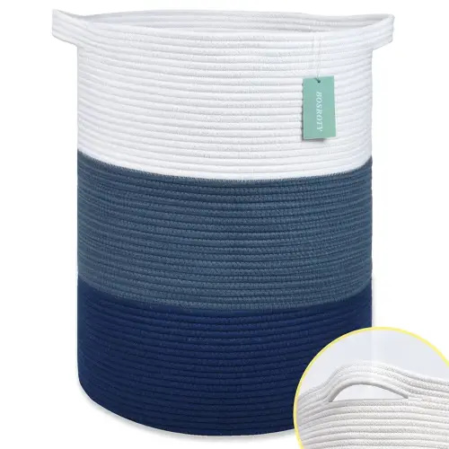 Large Blanket Basket, Nursery Hamper, Tall Laundry Basket 72L, Cotton Rope Woven Laundry Hamper for Storage Toys Clothes Towels, 16”x 22”, White & Cadet Blue & Navy Blue