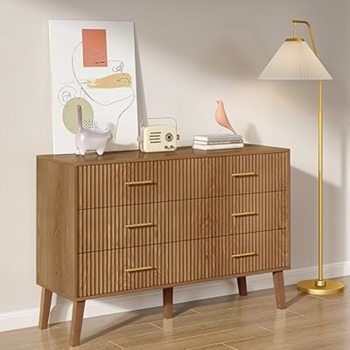 Accent 6 Drawer Dresser, Modern Closet Dressers Chest of Drawers with Fluted Panel, Living Room Bedroom Nursery Entryway and Hallway (Walnut)