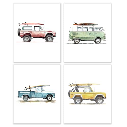 BESERH Coastal Beach Surfing Vehicle Wall Art Set of 4 - Summer Beachy Surf Room Decor Aesthetic, Coastal Nautical Wall Art Decor, 8x10 Inches Unframed