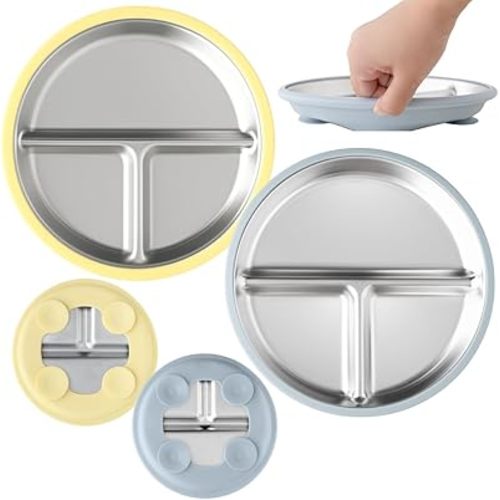 Stainless Steel Toddler Plate with Suction Set of 2, 8” Divided Plates with Removable Silicone Sleeves for Kids, Non Toxic & BPA Free | Non Slip | Unbreakable Baby Dishes, (Butter Yellow & Baby Blue)