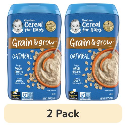 (2 pack) Gerber 1st Foods Baby Cereal, Grain & Grow Oatmeal, Clean Label Project, 16 oz Canister