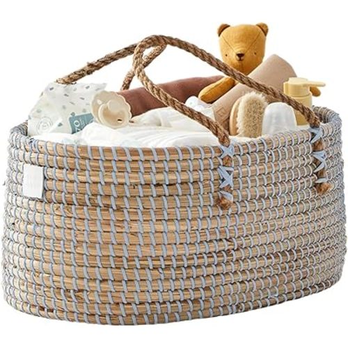 Premium Light Blue Baby Diaper Caddy Organizer -Handmade - Seagrass Basket With Cotton Divider - Award-Winning & Luxury Diaper Caddy Basket - (Dove)
