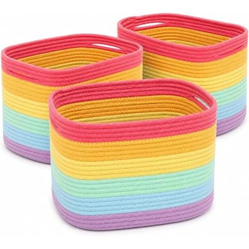 OrganiHaus Rainbow Cotton Rope Baskets for Shelves, Set of 3 - 15"×10"×9½" - Colorful Storage Baskets for Kids - Nursery, Playroom, Classroom - Toy Storage, Books, Towels