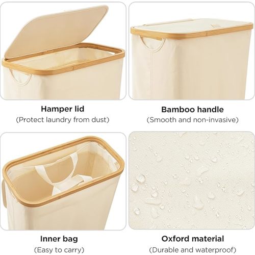 UBBCARE Laundry Hamper with Lid, 60L Slim Laundry Hamper with Removable Bag, Collapsible Dirty Clothes Basket for Bedroom, Bathroom, Laundry Room, Dorm, Beige