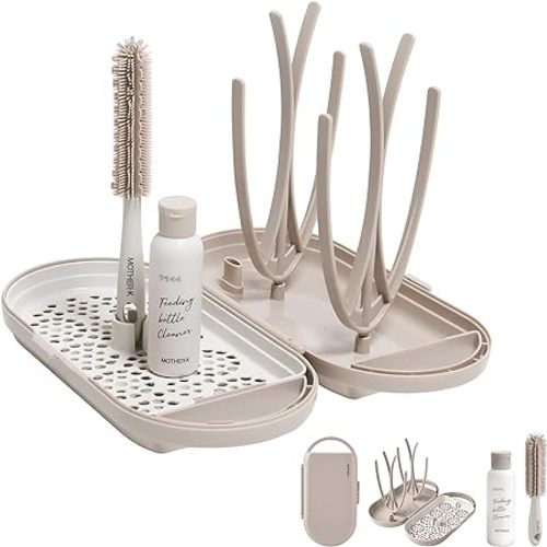 MOTHER-K Travel Baby Bottle Drying Rack Set, Including Bottle Brush and Travel Bottle, for Working Mom or Camping with Baby (Cream Mocha)