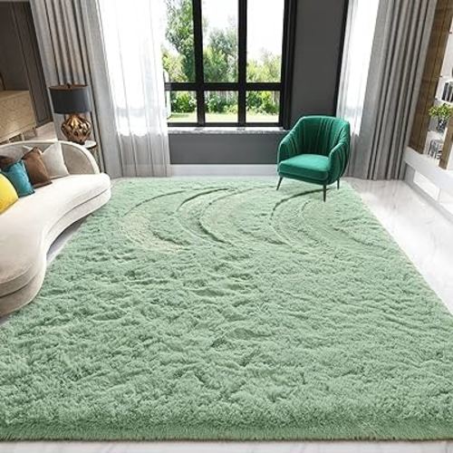 Zedrew Sage-Green Area Rugs Fluffy Carpets, 4x6 Feet Indoor Plush Rug for Bedroom Living Room, Anti-Skid Rectangular Modern Rug for Kids Girls Nursery Room, Shaggy Rug for Home Decor