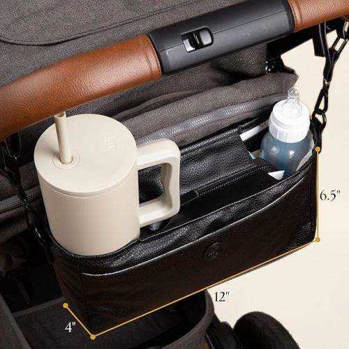 Universal Stroller Organizer with Cup Holder - Vegan Leather Stroller Caddy, 4 Built-In Pockets, Shoulder Strap, Fits Mockingbird, UppaBaby, Nuna, BOB and More