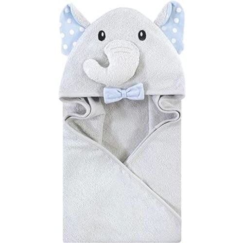 Hudson Baby Unisex Baby Cotton Animal Face Hooded Towel, White Dots Gray Elephant, One Size