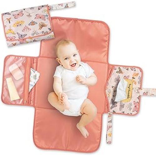 Tiny Twinkle Portable Diaper Changing Pad | Waterproof, Wipeable & Compact Baby Changing Pad for Travel | Smart Wipes Pocket & Organized Storage| Newborn Shower Gift (Flutter)