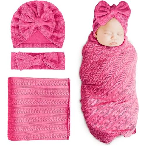 DRESHOW BQUBO Newborn Receiving Blanket Toddler Warm for Girls with Bow Hat and Bow Headband Shower Gift