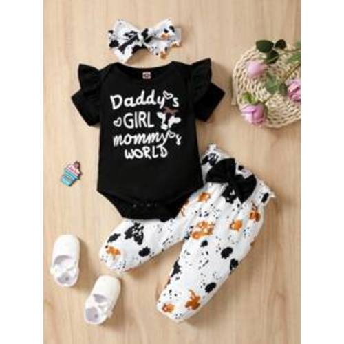 Baby Girl Slogan Graphic Ruffle Trim Bodysuit & Graphic Print Bow Pants | SHEIN USA