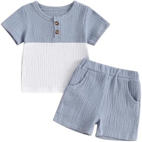 fhutpw Baby Boy Summer Outfits Henley Shirt Soft Pocket Short Sleeve Tops & Shorts Sets Infant 3 6 12 18 Months 2T Clothes
