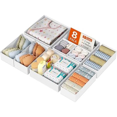 DIMJ Drawer Organizer Clothes, 8 Pack Dresser Organizer, Foldable Closet Organizers and Storage, Fabric Dresser Bins, Drawer Dividers for Nursery, Baby Clothes, Underwears, Sock (white)