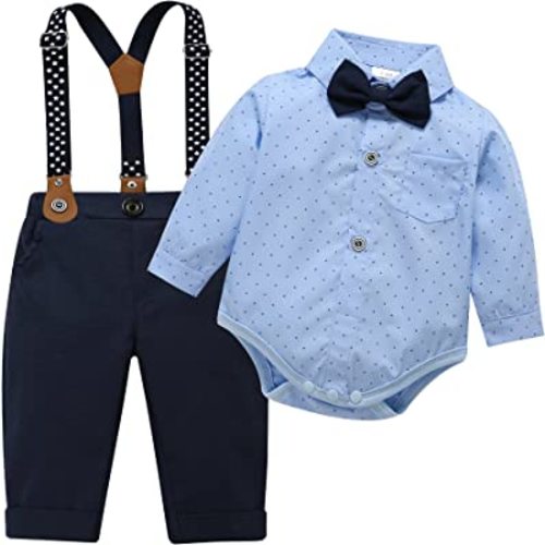 Baby Toddler Boy Formal Gentleman Suits,Dress Short Shirt with Bowtie+Suspender Pants Dressy Outfit