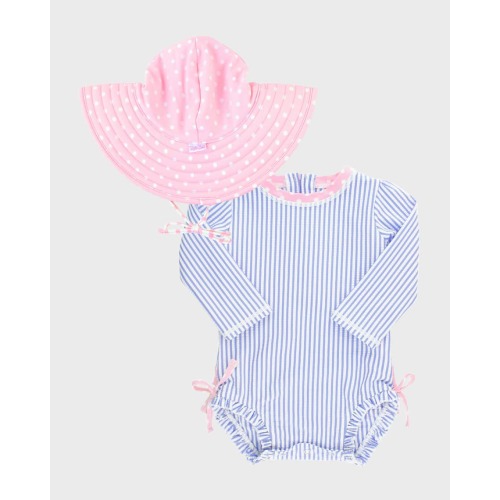 Girl's Seersucker Rashguard And Sun Hat Set, Size 3M-2