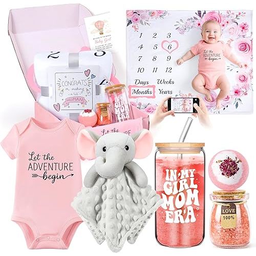 New Mom Gifts & Baby Girl Gift Set for Newborn,Baby Girl Gift Basket with Baby Milestone Blanket,Pregnancy Gifts for Expecting Mom,New Mom Care Package After Baby, Pregnancy Gifts for Women and Baby