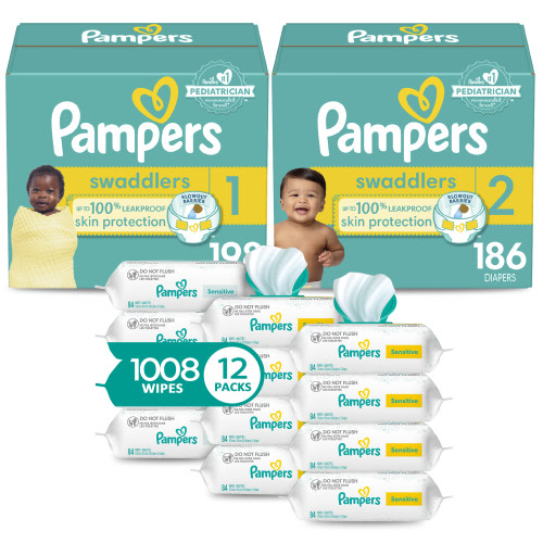 Pampers Swaddlers Diapers Starter Kit: Sizes 1 (198 Count) & 2 (186 Count) + Sensitive Wipes 12 Pack ( 1008 Count)