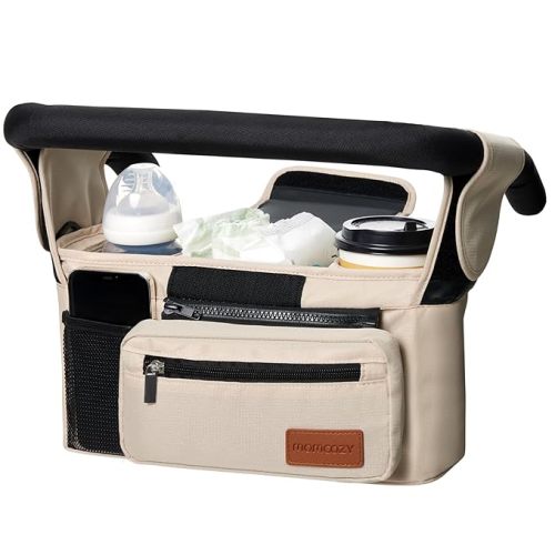 Momcozy Universal Baby Stroller Organizer, 2 Insulated Cup Holder, Detachable Zippered Pocket, Adjustable Shoulder Strap, Large capacity for baby essentials, Compact Design Fits Any Strollers - Off White