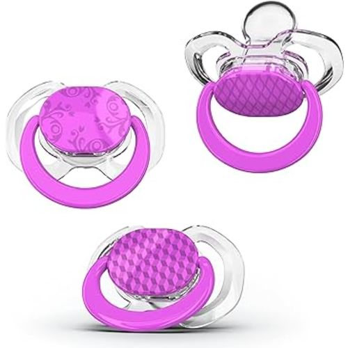 Smilo Baby Pacifier with Orthodontic Design for Healthy Dental Development - Stage 1 for Babies 0-3 Months - Pack of 3X 100% Silicone Newborn Pacifiers BPA Free - Plum Purple