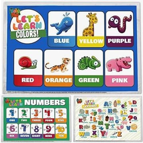 Disposable Placemats for Baby, Kids, & Toddlers - Let's Learn Design - Table Mat or Topper for Restaurants, Stick-On Placemat for Travel, Sticky Strips Stay in Place - 3 Designs, Pack of 60