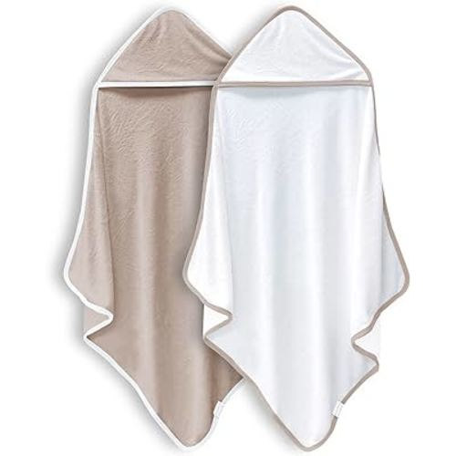 BAMBOO QUEEN 2 Pack Baby Bath Towel - Rayon Made from Bamboo, Ultra Soft Hooded Towels for Kids - X Large Size for 0-7 Yrs (White and Brown, 37.5 x 37.5 Inch)