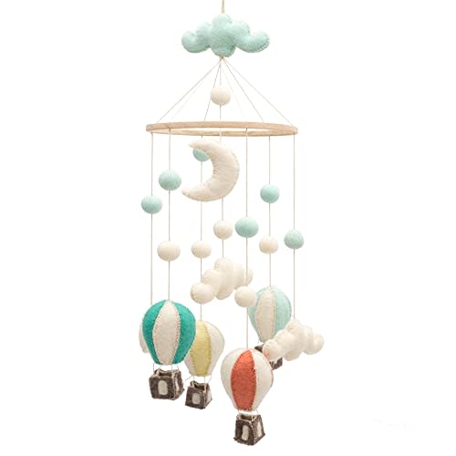GLACIART ONE Baby Nursery Hot Air Balloon Mobile for Crib | Gender Neutral Felt Mobile for Nursery Decor | Felt Hanging Clouds & Felt Balls Room Decorations Handmade from Natural Wool |Great Gift Idea