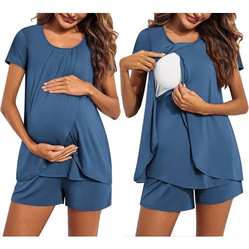 Ekouaer Women's Maternity Nursing Pajamas Set Breastfeeding Sleepwear Double Layer Short Sleeve Top & Shorts Nursing Pjs