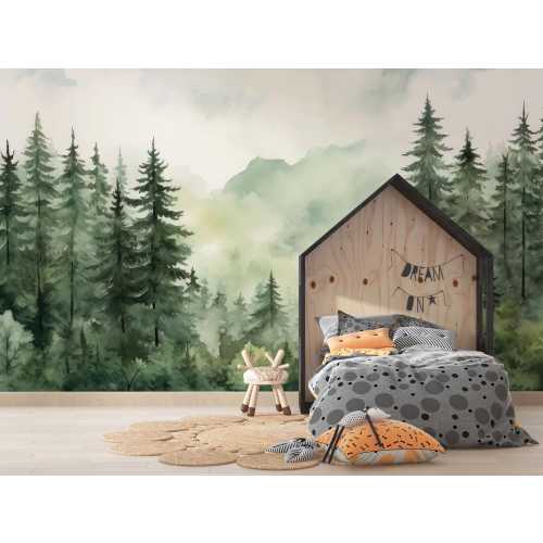 Kids Wallpaper - Mountain and Trees Peel and Stick Wall Mural - Self Adhesive Nursery Wall Art - Child Room Mountain Decor Forest Decal.