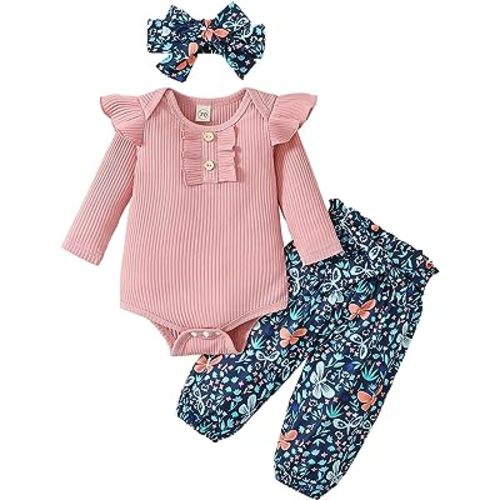 Newborn Baby Girl Clothes Ribbed Ruffled Romper+Striped/Cow/Leopard Flared Pants Infant Outifts 0-18 Months