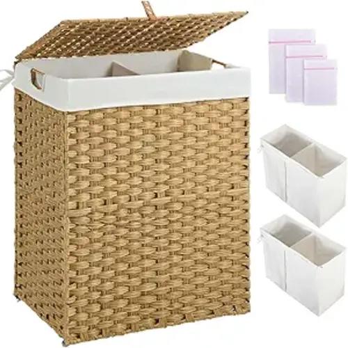 Greenstell Laundry Hamper with Lid, 110L Foldable Clothes Hamper with Handles, Wicker Laundry Basket with 2 Removable Liner Bags & 3 Mesh Bags, No Install Needed, Double Hamper for Bathroom, Natural