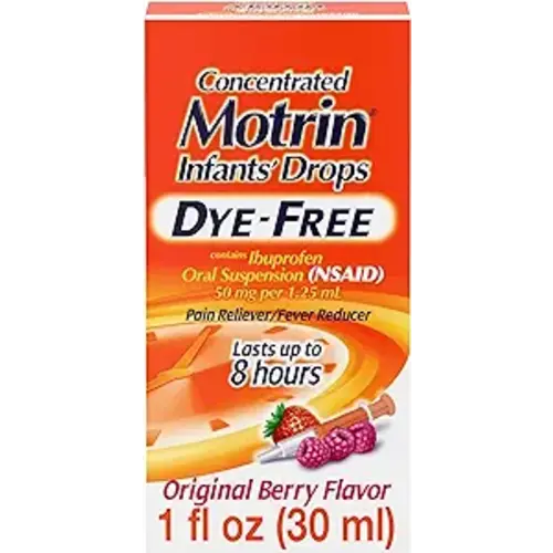 Motrin Infants' Oral Suspension Concentrated Liquid Medicine Drops with Ibuprofen, NSAID Fever Reducer & Pain Reliever for Babies, Dye Free, Alcohol-Free, Original Berry Flavor, 1 fl. oz - 1 Fl Oz (Pack of 1)