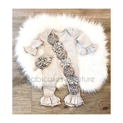 Newborn Girl Take Home Outfit, Coming Home Outfit, Gray Baby Romper, Gray Ruffle Romper, As worn in Red by Kate Hudson's Baby Rani Rose