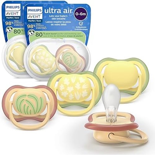 Philips Avent Ultra Air Pacifiers - Orthodontic Design, for Babies 0-6 Months, Soft Silicone Symmetrical Nipple, BPA-Free, 2 Sterilizing Cases, 4 Pack, SCF087/21